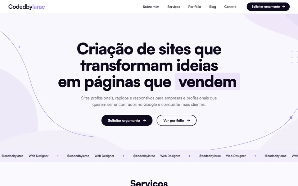Página inicial do site Codedbylarac